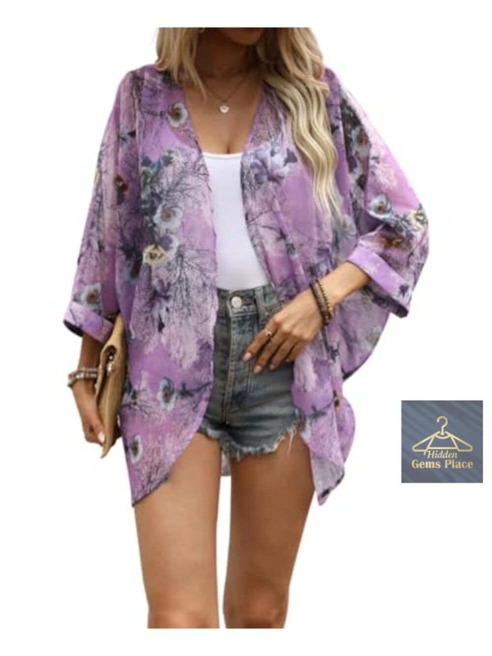Women's Sheer Chiffon Floral Print Kimono Cardigan Bat Sleeve Cover-Up